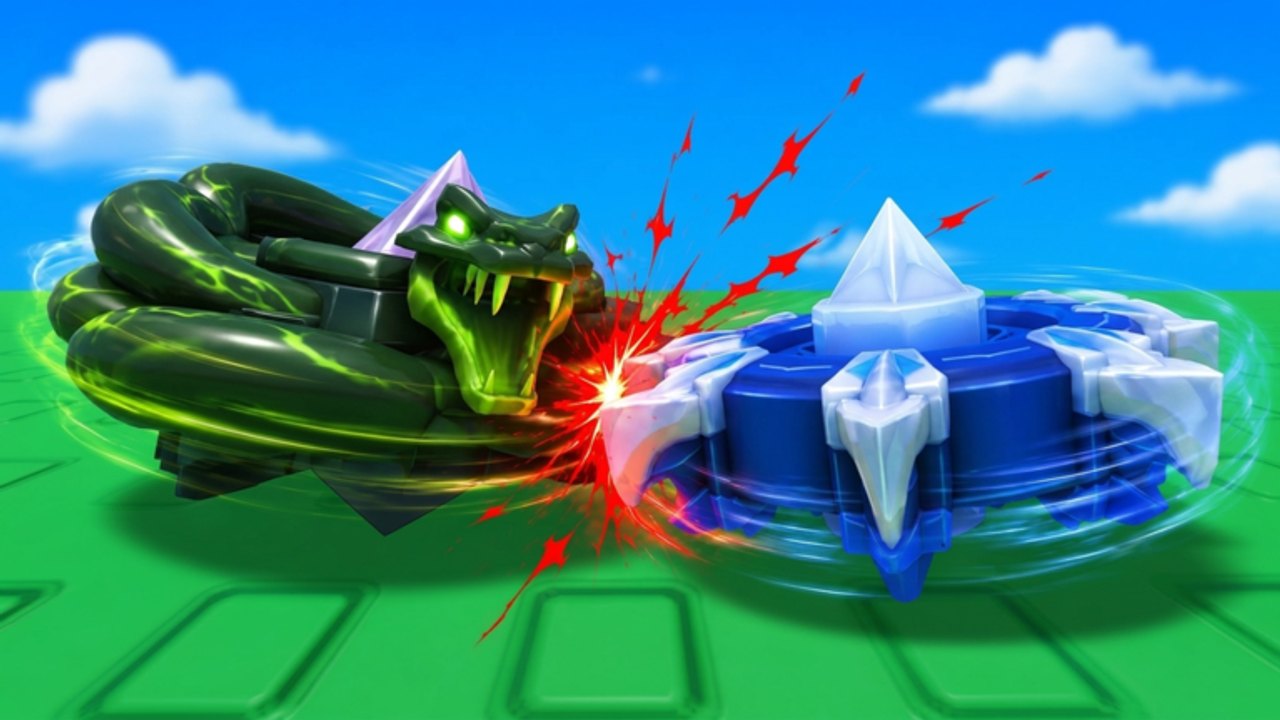 Un spinner serpiente verde chocando contra un spinner de cuchilla de hielo azul en la arena de Merge a Spinner